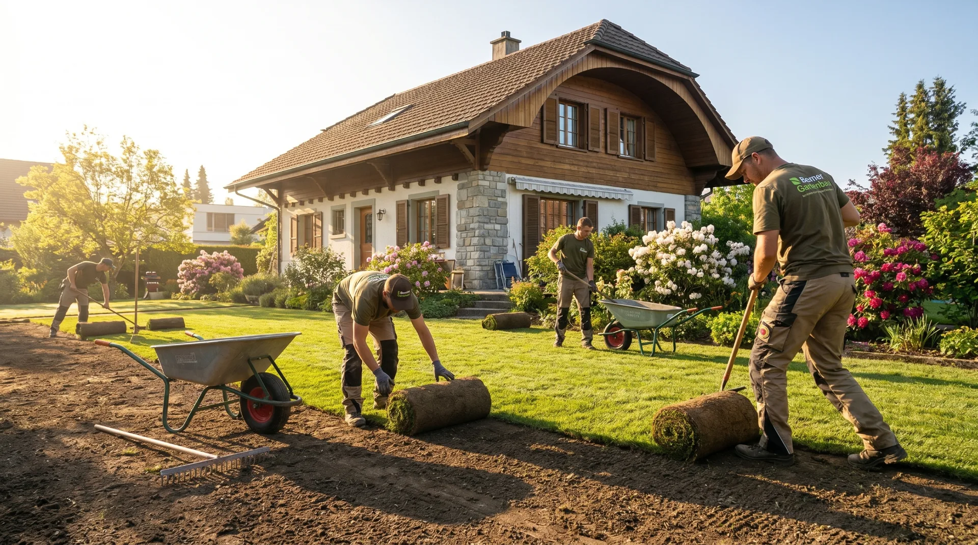 Gartenbau-Team verlegt Rollrasen vor Schweizer Einfamilienhaus
