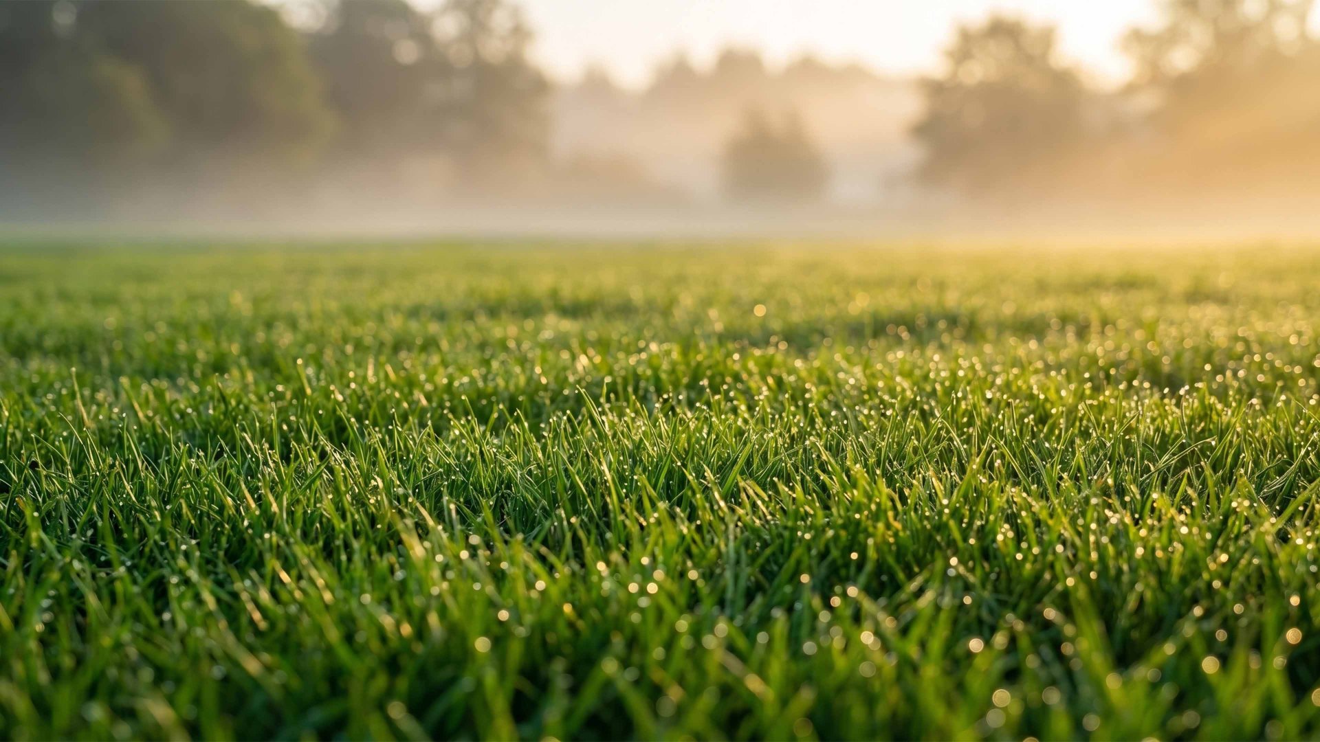 Frischer Rollrasen mit Morgentau bei Sonnenaufgang