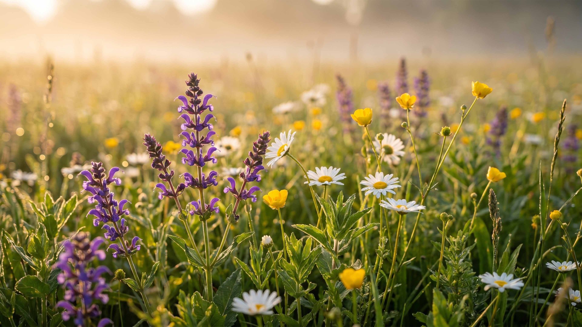Mini-Kräuter-Flora auf einer Dachfläche, niedrige Kräuter und kleine Blüten